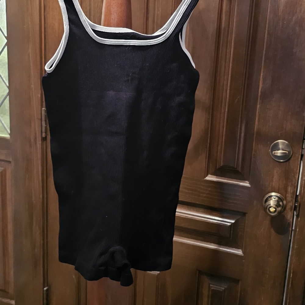 Black Ribbed Tank Bodysuit with White Trim